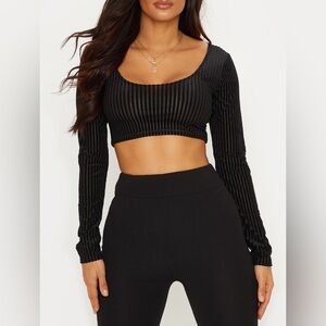 Pretty Little Thing Black Velvet Stripe Long Sleeve Crop Top Size 14